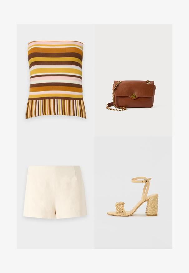 Top senza spalline a costine con righe orizzontali nelle tonalità di marrone, giallo e rosa, con orlo svasato di strisce sottili alternate.; Shorts beige su misura realizzati in tessuto leggero, caratterizzati da una texture liscia, linee pulite e senza chiusure o tasche visibili.; Sandalo beige con tacco alto e texture intrecciata, dotato di un fiore decorativo e di una cinghia alla caviglia. Il tacco quadrato offre stabilità.; Borsa a tracolla in pelle marrone con chiusura a patta, hardware dorato e tracolla a catena. Texture liscia, forma rettangolare, dettagli minimi.