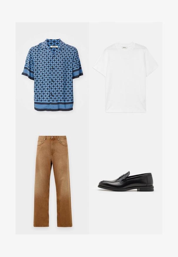 Košulja kratkih rukava s dugmadi u plavoj i tamnoplavoj boji, koja ima geometrijski uzorak. Izrađena je od lagane tkanine s opuštenim krojem i ravnim ovratnikom.; Bijela pamučna majica s okruglim izrezom, kratkim rukavima i diskretnim logotipom otisnutim sprijeda. Glatka tekstura i jednostavan dizajn.; Smeđe traper hlače širokih nogavica s visokim strukom, koje imaju dva prednja džepa, kopčanje na dugme i suptilnu teksturu. Nema vidljivih uzoraka ili akcenta.; Crni kožni mokasini s glatkom teksturom, zaobljenim prstima i ukrasnom trakom preko prednjeg dijela. Niski slojeviti potplat, minimalistički dizajn.