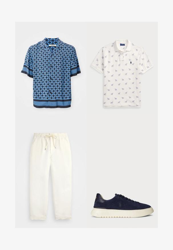 Košile s krátkým rukávem v modré a námořnické barvě, s geometrickým vzorem. Vyrobena z lehkého materiálu, s volným střihem a plochým límcem.; Bílá polo tričko vyrobené z bavlny, s opakovaným modrým vzorem psů a malým modrým logem na hrudi. Krátké rukávy a límeček.; Světle krémové, volné kalhoty vyrobené z měkké látky. Mají elastický pás s tkaničkou a zúžený střih nohavic.; Navy semišové nízké tenisky s texturovaným povrchem, gumovou podrážkou a tónovacími šňůrkami, s malým logem na boku a patě.