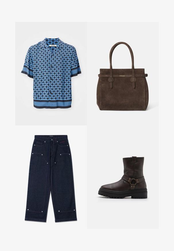 Mėlynos ir tamsiai mėlynos spalvos trumpomis rankovėmis marškiniai su mygtukais, dekoruoti geometriškais raštais. Pagaminti iš lengvos medžiagos, su laisvu pjūviu ir plokščiu apykakle.; Tamsaus džinsinio audinio plačios kojos kelnės su dviem priekinėmis kišenėmis, sidabriniais detalių akcentais ir kontrastinga raudona siūle. Sukurtos su mygtukų uždarymu ir prekės ženklo logotipu.; Ruda odinė kulkšnė batai su kvadratiniu pirštu, sagties akcentais ir storu juodu padu. Yra šoninis užtrauktukas ir tekstūruotas paviršius.; Tamsiai ruda zomšinė rankinė su dviem rankenomis ir horizontaliu diržu, kuriame yra mažas auksinis DSQUARED2 logotipo ženklelis.