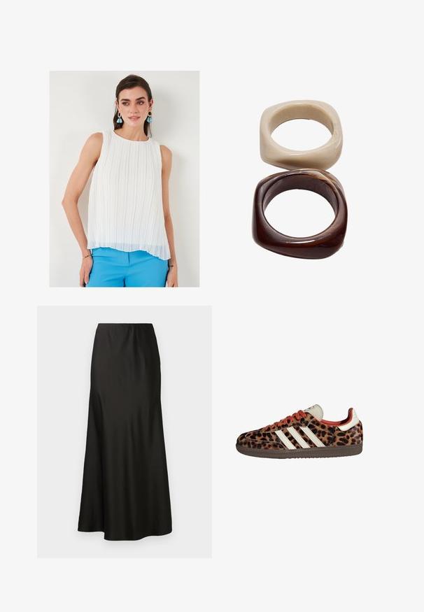 Weißes plissiertes ärmelloses Blusenshirt mit rundem Ausschnitt, transparenter Textur und einem leicht längeren Saum vorne, kombiniert mit blauen Hosen.; Schwarzer Satin-Maxikleid mit glatter Textur, hoher Taille und ausgestelltem Saum. Hat ein einfaches Design ohne sichtbare Muster oder Hardware.; Sneaker im Leopardenmuster aus Wildleder mit roten Schnürsenkeln und drei weißen Streifen an der Seite. Sie haben eine cremefarbene Zunge und eine braune Sohle.; Stradivarius SET - Armband - dark brown