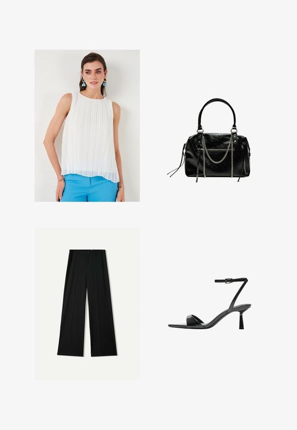 Witte geplooide mouwloze blouse met een ronde halslijn, doorzichtige textuur en een iets langere zoom aan de voorkant, gecombineerd met blauwe broeken.; Bershka WIDE - Broek - black; Bershka Sandalen met hoge hak - black; Bershka WITH CHAIN - Handtas - black