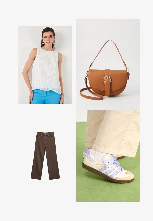 Hvid plisseret ærmeløs bluse med rund halsudskæring, gennemsigtig tekstur og en let længere kant foran, parret med blå bukser.; Bredde ben brun denim jeans med høj talje, forlommer og klassisk knaplukning. Glat tekstur med diskret syninger.; Creme og lavendel sneakers med tre striber og en tekstureret brun sål, der har snørebånd og en polstret hæl. Blødt stof øvre.; Brun læder crossbody taske med en buet form, guldfarvet hardware og en spændeaccent. Har en aftagelig skulderrem.