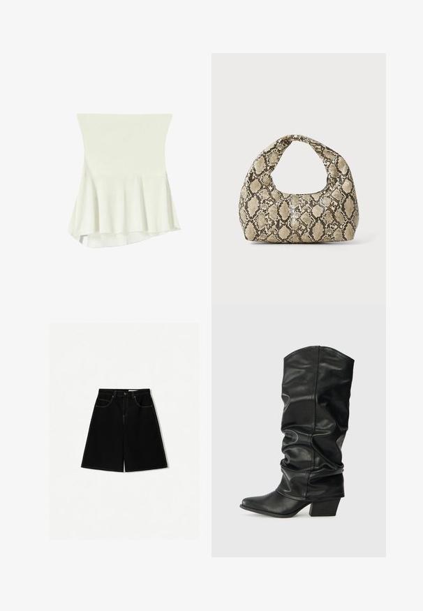 Fehér peplum felső, puha anyagból készült, fitted bodiccsel és bővülő aljjal. Simább textúra minimális díszítéssel.; Fekete farmer rövidnadrág, laza szabással, öt zsebből, sárga varrással díszítve és közepes magasságú derékkal.; Fekete bőr, térdig érő csizmák laza fazonban, hegyes orral és vastag sarokkal, sima textúrával és minimális varrással.; Kígyómintás kézitáska ívelt fogantyúval. Texturált, bézs és barna anyagból készült, jellegzetes gyémántmintával.