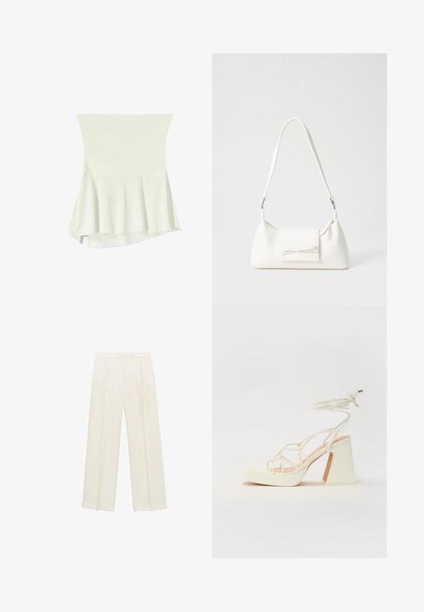 Vit peplumtop i mjukt material, med en kroppsnära överdel och utsvängd fåll. Slät textur med minimal detaljering.; Breda byxor i en ljus krämfärg. Tillverkade av ett mjukt tyg med veck fram och sidofickor.; Vit högklackad sandal med en kraftig klack, med ett remdesign och ankelband. Slät textur med en plattform framtill för ökad höjd.; Vit syntetisk handväska med triangulär form, platt framklaff och rosettdetalj, justerbar rem, slät textur och minimalistisk design.