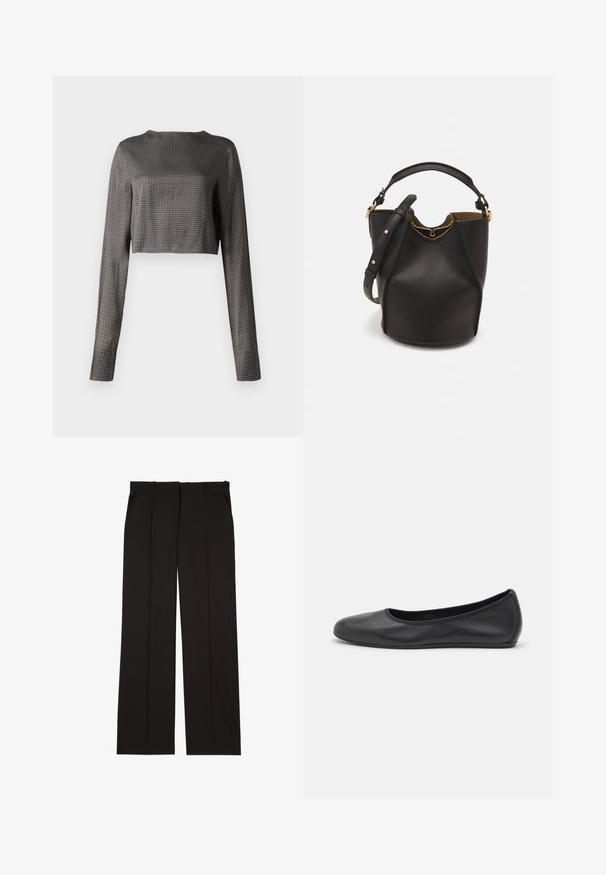 Juoda ir balta houndstooth rašto ilgomis rankovėmis trumpa palaidinė su apvaliu iškirpimu ir lygaus audinio tekstūra. Ypatybė – prigludusi forma ir tiesus apatinis kraštas.; Juodos pritaikytos kelnės, pagamintos iš lygaus audinio, su tiesiomis kojomis ir dviem šoniniais kišenėmis. Elegantiška ir minimalistinė konstrukcija.; Juodai odiniai baletai su apvaliu pirštu, lygi texture, minimalus siuvimo detales ir lanksčiu padų dizainu.; Juodas odinis kibiro tipo krepšys su tekstūruotu paviršiumi, auksiniais detalėmis ir atvira viršūne. Yra trumpa rankena ir reguliuojama petneša.