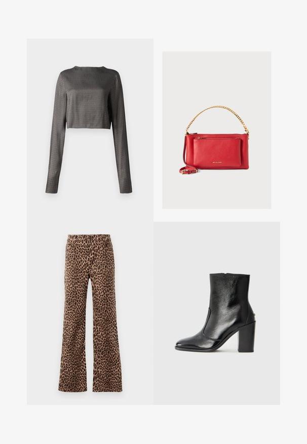 Črno-bele houndstooth dolgo rokave crop majice s krožnim izrezom in gladko tkanino. Ima prilegan dizajn in ravno rob.; Hlače širokega kroja z leopardjim vzorcem v bež in črni barvi, z gladko teksturo in ožjim robom. Oblikovana z običajno elastiko in žepi.; Črne usnjene gležnarske čevlje z gladko teksturo, koničastim nosom in debelim visokim petam. Imajo stransko odprtino in minimalističen dizajn.; Rdeča usnjena torbica z zloženim zaključkom, zlato verigo in trak, sprednja žepna zadrga ter izdelek z embosiranim logotipom. Kompaktna in strukturirana zasnova.