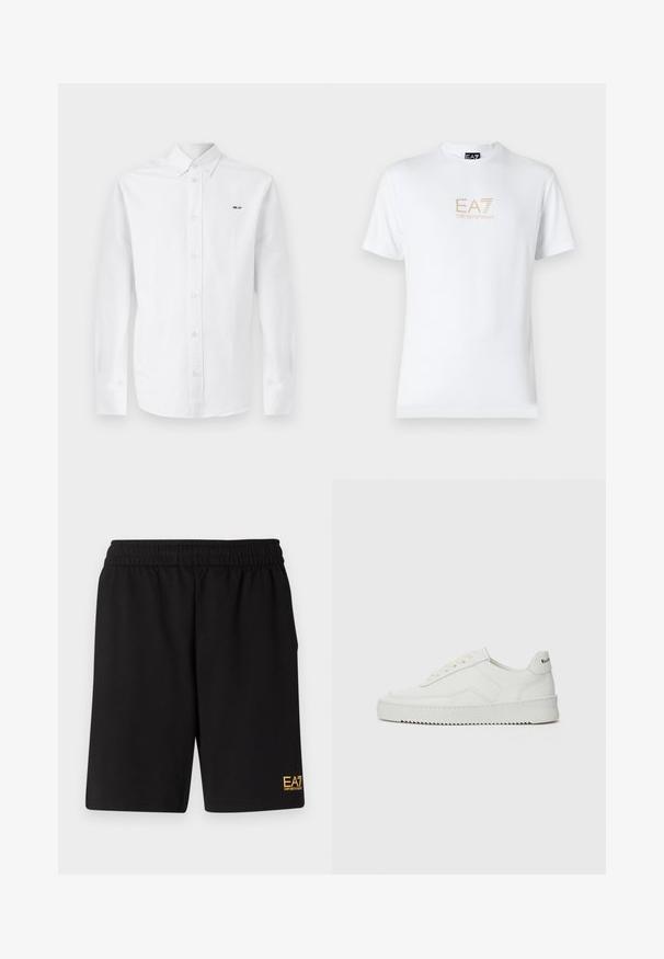 Chemise blanche à manches longues en coton, avec un devant boutonné, des boutons rose clair et le texte noir "NN. 07" sur la poitrine gauche.; T-shirt en coton blanc avec un col rond et des manches courtes, orné d'un logo doré EA7 Emporio Armani imprimé sur le devant.; Shorts de sport noirs en tissu doux, avec une taille élastique et un petit logo jaune EA7 sur le bas de la jambe gauche.; Baskets en cuir blanc avec une finition lisse, bout arrondi, lacets plats et semelle texturée. Présente un logo discret sur le talon.