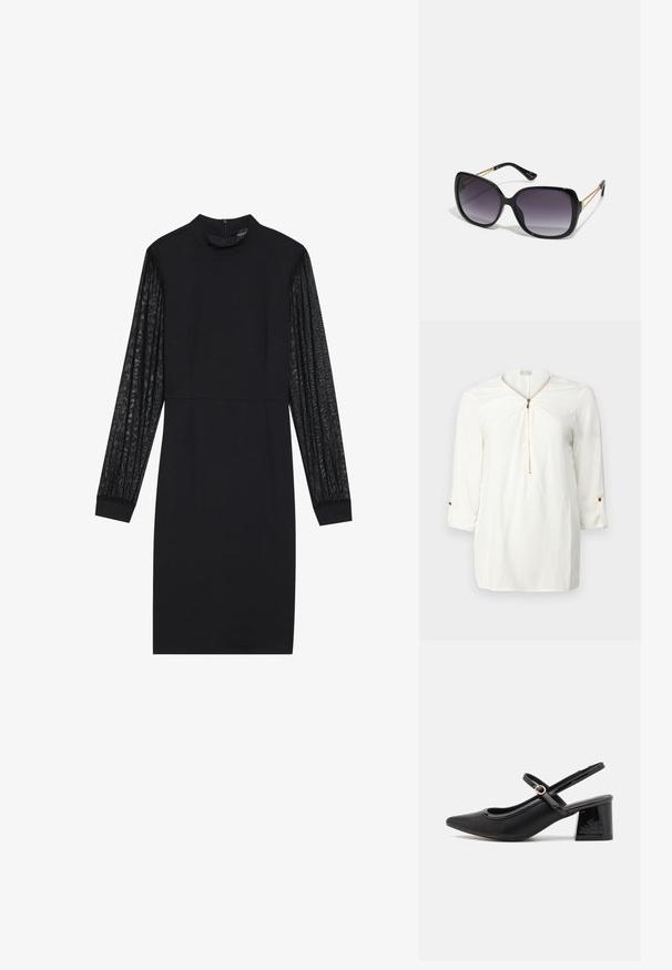 Fehér, hosszú ujjú ing, cipzáras nyakkivágással, puha anyagból készült, felgöngyölt mandzsettákkal, arany gomb díszítéssel.; Fekete ruha testhez simuló fazonnal és hosszú, áttetsző, mintás ujjakkal. Jellemzője a magas nyak és az egyszerű, letisztult sziluett.; Fekete lakk bőr, pántos magassarkú cipő, hegyes orral, lekerekített kivágással és tömbsarkal. Arany színű csat díszíti.; Fekete, oversize napszemüveg fokozatos árnyalatú lencsékkel, vastag kerettel és arany színű lánc díszítéssel a szárakon.; Fekete kézi táska strukturált formával, sima textúrával és fémből készült záródással. Széles fekete nadrággal és nyitott orrú szandállal párosítva, fából készült padlón.