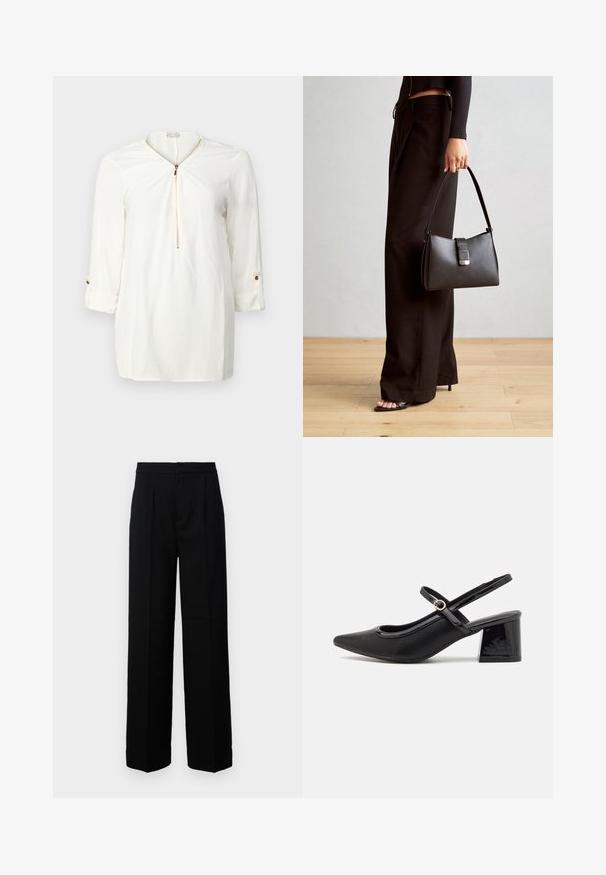 Hvid langærmet skjorte med lynlåse på halsen, blødt stof og opsmøgede ærmer med en guldbutton detalje.; Sorte bukser med bred benvidde og en glat tekstur, der har en flad front, foldedetaljer og en skræddersyet talje. Ingen synlig hardware eller mønstre.; Sorte patentlæder slingback hæle med spids tå, rund udskæring og blokhæl. Har en guldtonet spændeaccents.; Sort håndtaske med struktureret form, glat overflade og metalspænde. Sammen med brede sorte bukser og sandaler med åben tå på trægulv.