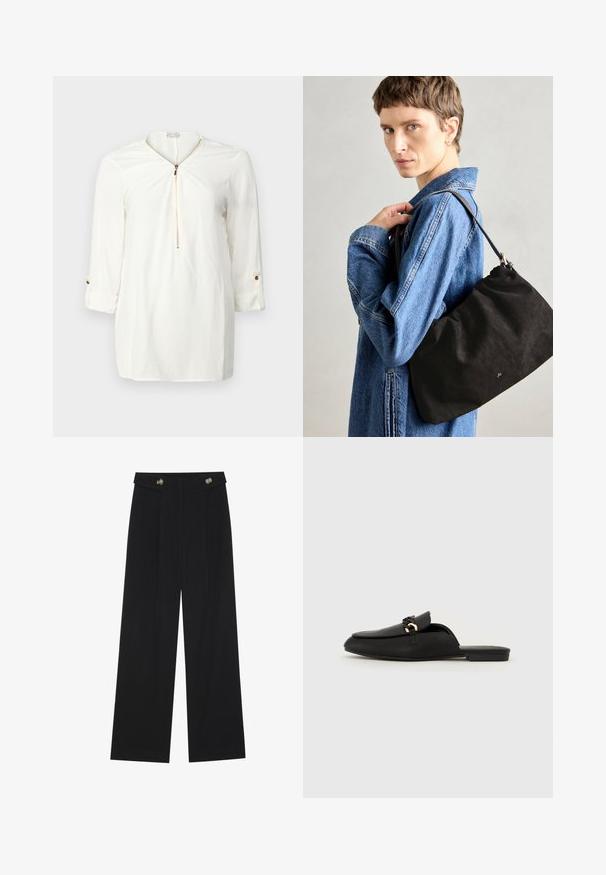 White long-sleeve shirt with a zippered neckline, soft fabric, and rolled cuff detailing with a gold button accent.; Black wide-leg trousers with high waist, button details on waistband, and front pleats.; Black slip-on shoe made of smooth leather. Features a rounded toe, a decorative woven strap, and a small gold accent. Flat sole.; Black suede handbag with a soft, structured shape, featuring a slim leather strap and subtle brand logo. Model wears a denim jacket.