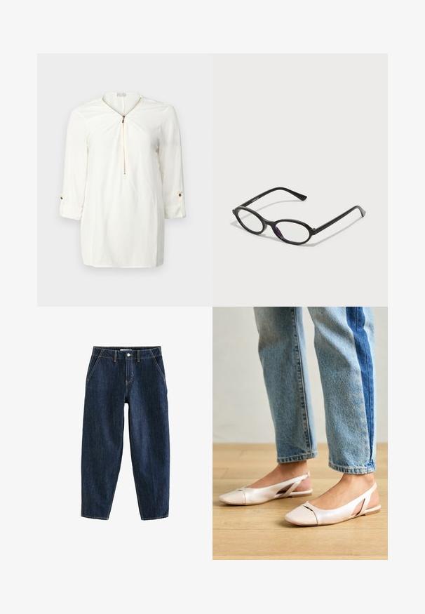 Cămașă albă cu mânecă lungă, guler cu fermoar, țesătură moale și detalii cu manșete răsucite, accentuate cu un nasture auriu.; Pantaloni din denim albastru închis cu o croială lejeră, având cinci buzunare, curea de prindere și cusături contrastante galbene. Material curat, texturat.; Sandalete plate de un roz pal cu vârf ascuțit, realizate dintr-un material asemănător pielii, neted. Prezintă detalii decupate pe laterale și un toc plat.; Ochelari cu ramă ovală neagră, cu accente translucide de violet pe lentile. Ramele au un finisaj mat și clești subțiri, drepți.; Geantă structurată albă, cu mânere scurte și curea de umăr, având accente din metal aurit și material texturat, expusă pe un fundal gri.