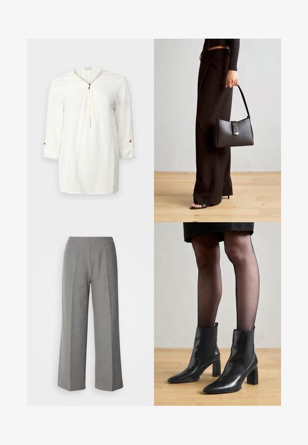 Camicia bianca a maniche lunghe con scollatura con zip, tessuto morbido, dettagli con polsini arrotolati e un accento di bottone dorato.; Pantaloni grigi a gamba larga e taglio sartoriale con una texture liscia, dotati di una parte anteriore piatta e pieghe ben definite su ciascuna gamba.; Stivaletti neri in pelle con punta affusolata, tacco quadrato imponente e design elegante. Dotati di pannelli laterali elasticizzati per una facile vestibilità.; Borsa nera con forma strutturata, texture liscia e una chiusura metallica. Abbinata a pantaloni neri larghi e sandali open-toe su un pavimento in legno.