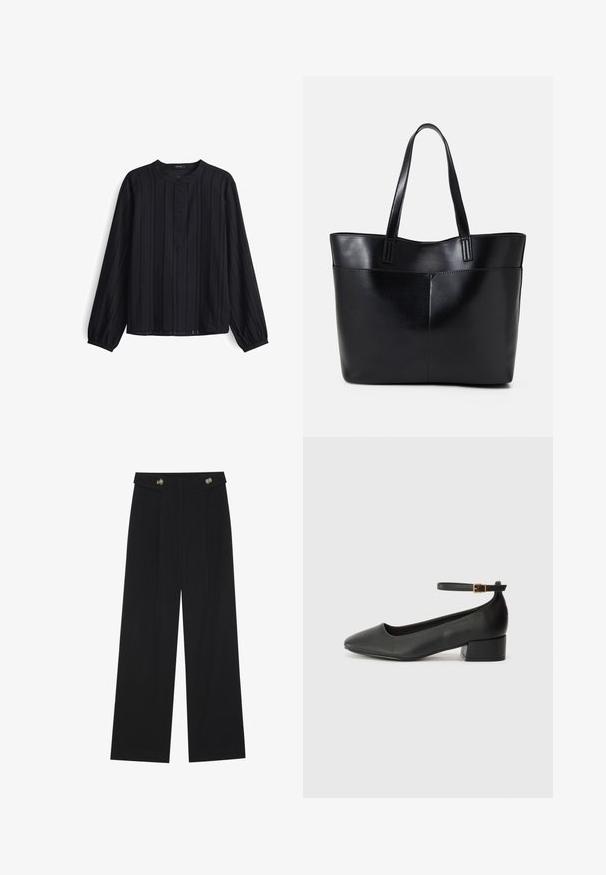 Maglietta nera a maniche lunghe con texture a coste verticali, scollo rotondo e apertura con bottoni. Tessuto morbido con vestibilità leggermente ampia.; Pantaloni neri a gamba larga con vita alta, dettagli con bottoni in vita e pieghe frontali.; Pump in pelle nera con punta affusolata e tacco basso a blocco. Presenta una cinghia alla caviglia con una fibbia in tonalità oro. Texture liscia.; Borsa a tracolla in pelle nera con due manici lunghi, una texture liscia e una forma strutturata. Presenta una tasca frontale per ulteriore spazio di archiviazione.