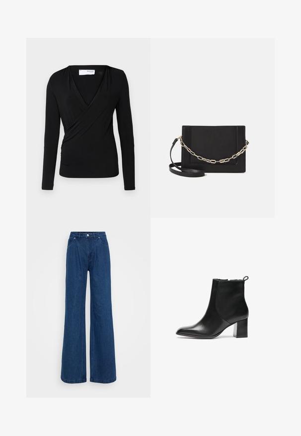 Černý dlouhý rukáv s překřížením z měkké látky; obsahuje hluboký výstřih do V a detail shromáždění na boku pro přiléhavý tvar.; Široké modré džínové kalhoty s vysokým pasem, zapínáním na knoflík a zip, a předními a zadními kapsami na jednobarevném pozadí.; Černá kožená kotníková bota s kulatou špičkou, středně vysokým blokovým podpatkem a poutkem na zadní straně. Hladká textura, minimalistický design.; Černá kožená crossbody taška s hladkým povrchem, obdélníkovým tvarem a kovovým řetízkem na přední straně. Součástí je nastavitelný popruh.