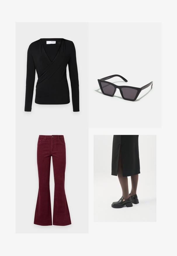 Czarny top z długim rękawem w miękkim materiale; ma głęboki dekolt w kształcie litery V oraz detale zebrane z boku, które podkreślają sylwetkę.; Bordowe dżinsy z prążkowanej corduroy w fasonie dzwonów, z pięcioma kieszeniami, przednim zapięciem na guzik i teksturowanym materiałem. Dzwony rozszerzają się od kolana do dolnej krawędzi.; Czarne skórzane buty z okrągłym noskiem, grubym blokowym obcasem i elastycznymi akcentami po bokach, zestawione z ciemnymi rajstopami i czarną spódnicą z rozcięciem.; Czarne, kanciaste okulary przeciwsłoneczne z szarymi soczewkami; wykonane z plastiku, z grubymi zausznikami o gładkiej powierzchni i bez widocznych elementów metalowych.