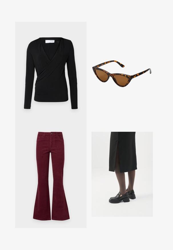 Top avvolgente a maniche lunghe di colore nero in morbido tessuto; presenta un profondo scollo a V e un dettaglio arricciato laterale per una forma aderente.; Jeans in velluto a coste color bordeaux a gamba svasata con cinque tasche, chiusura anteriore con bottone e tessuto texturizzato. Le svasature si estendono dal ginocchio all'orlo.; Scarpe in pelle nera con punta arrotondata, tacco spesso a blocco e accenti laterali in elastico, abbinate a collant scuri e una gonna nera con uno spacco.; Occhiali da sole cat-eye con una montatura tartarugata nera e arancione, lenti marroni e punte affusolate e eleganti. Presentano un logo minimale sulla asta.