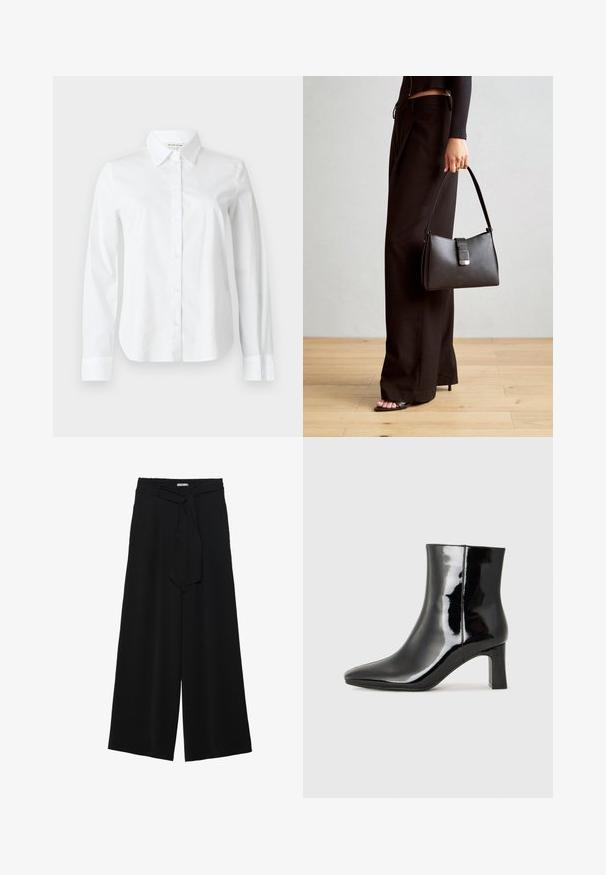 Gaišs, garām piedurknēm, pogājams krekls, kas izgatavots no kokvilnas. Tam ir uzsistā apkakle, pilns pogu priekšpuses dizains un gludām tekstūrām piedurknes.; Melni platleņķa bikses ar teksturētu audumu, elastīgu jostu un noņemamu siksnu viduklī, kas nodrošina regulējamu piegulšanu.; Melnas patentētas ādas potīšu zābaki ar norādītu pirkstu un vidēja augstuma kvadrātveida papēdi. Gluda tekstūra un minimālisma dizains.; Melnā somiņa ar strukturētu formu, gludu tekstūru un metālu sprādzi. Saskaņota ar platām melnām biksēm un sandālēm ar atvērtu purngalu uz koka grīdas.