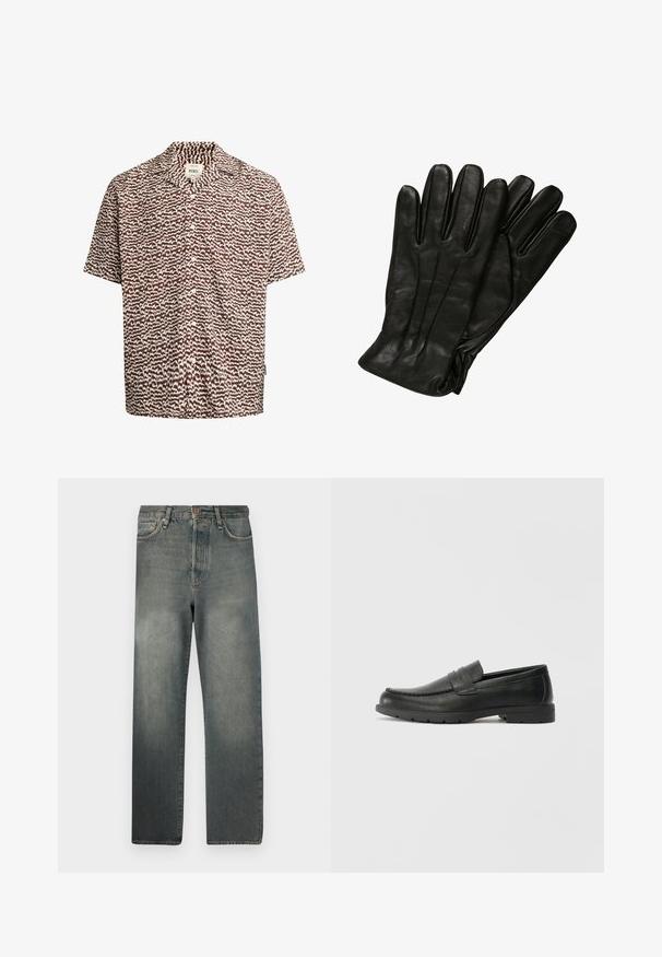 Redefined Rebel REMY SHIRT - Krekls - brown; Jack & Jones JJIALEX JJCOOPER - Plati džinsi - black denim; Melnas ādas loafers ar gludu apdari, mokasīnu stila augšdaļu, šūtu detalizāciju un gumijas zoli. Klasisks dizains ar zemu papēdi.; Melna ādas cimdi ar gludu faktūru, piecām pirkstiem un delikātiem izšuvumiem. Klasisks dizains, piemērots aukstam laikam.