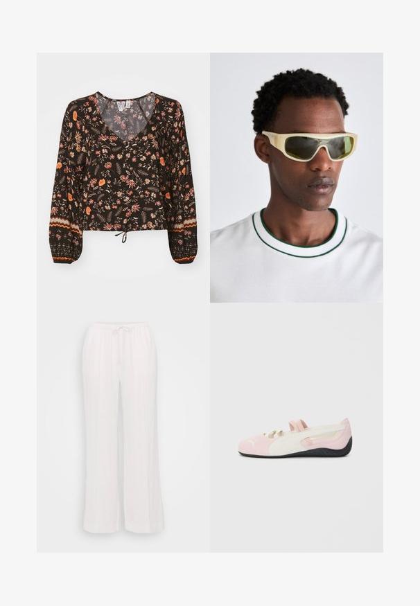 Svart blomstret bluse med v-hals, lange voluminøse ermer og rynkede mansjetter. Har fargerike mønstre og en knyttet søm for et kort design.; Langermet t-skjorte med rund hals i hvitt med horisontale striper i marineblått og grønt. Har en liten brodert logo på brystet.; Hvite vide bukser laget av lett stoff, med elastisk midje og snøring samt vertikale sømmer for tekstur.; Rosa semskede slip-on sko med hvite detaljer, gummisåle og elastiske stropper. Har et teksturert design og en liten logo foran.; Solsikker med en gjennomsiktig gul ramme og grønnaktige glass. Vinklet design med brede stenger, brukt sammen med en hvit skjorte med grønne detaljer.; Canvas tote bag i lys beige med to robuste håndtak, kontrasterende hvit kant og logoen "THE NORTH FACE" i svart på forsiden.