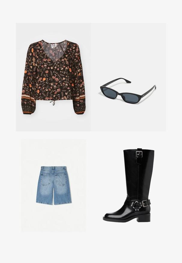 Black floral blouse with a v-neck, long voluminous sleeves, and gathered cuffs. Features colorful patterns and a tied hem for a cropped look.; Denim shorts in light blue with a relaxed fit. Features two back pockets and a straight leg design. Smooth texture with minimal fading.; Black leather knee-high boot with a rounded toe, a chunky heel, adjustable strap with hardware accents, and a glossy finish.; Black cat-eye sunglasses with dark lenses, plastic frame, slim temples, and subtle branding on the inner arm. Matte finish texture.; Black leather shoulder bag with a curved silhouette, featuring a gold chain strap and a smooth, glossy finish.