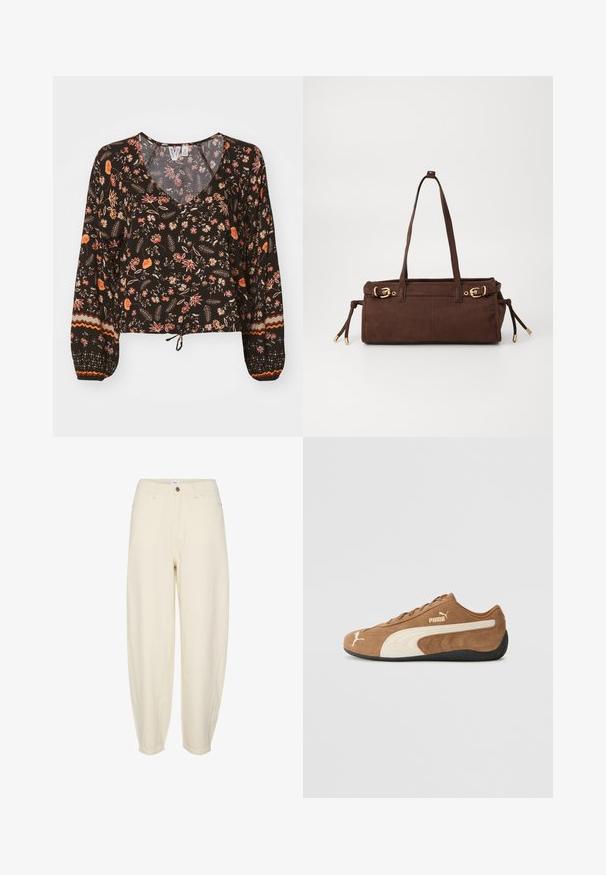 Blouse noire à fleurs avec un décolleté en V, des manches longues et volumineuses, et des poignets froncés. Présente des motifs colorés et un ourlet noué pour un look court.; Pantalons en coton beige clair avec une coupe décontractée, des jambes fuselées, des poches avant et une fermeture à bouton unique à la taille.; Baskets basses en daim marron avec des accents crème, surface texturée, semelle en caoutchouc noir et logo brodé sur le côté et la languette.; Sac cabas en suède marron avec deux poignées, accents en métal doré et liens latéraux ajustables. Comprend une fermeture éclair et une texture lisse.