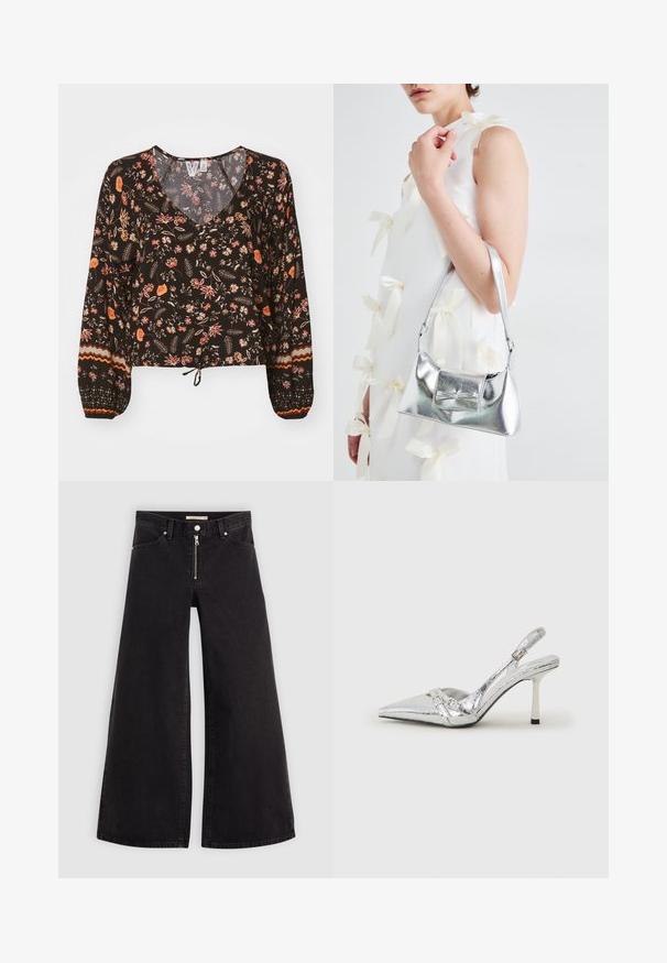 Black floral blouse with a v-neck, long voluminous sleeves, and gathered cuffs. Features colorful patterns and a tied hem for a cropped look.; Wide-leg jeans in black denim with a zippered front, five-pocket design, and subtle stitching details. Smooth texture and casual style.; Silver slingback high heel shoe with a pointed toe, metallic finish, two decorative straps, and a slender heel with a black tip.; Silver metallic handbag with a structured shape, featuring a top handle and bow detail on the front. Smooth texture, reflective finish.