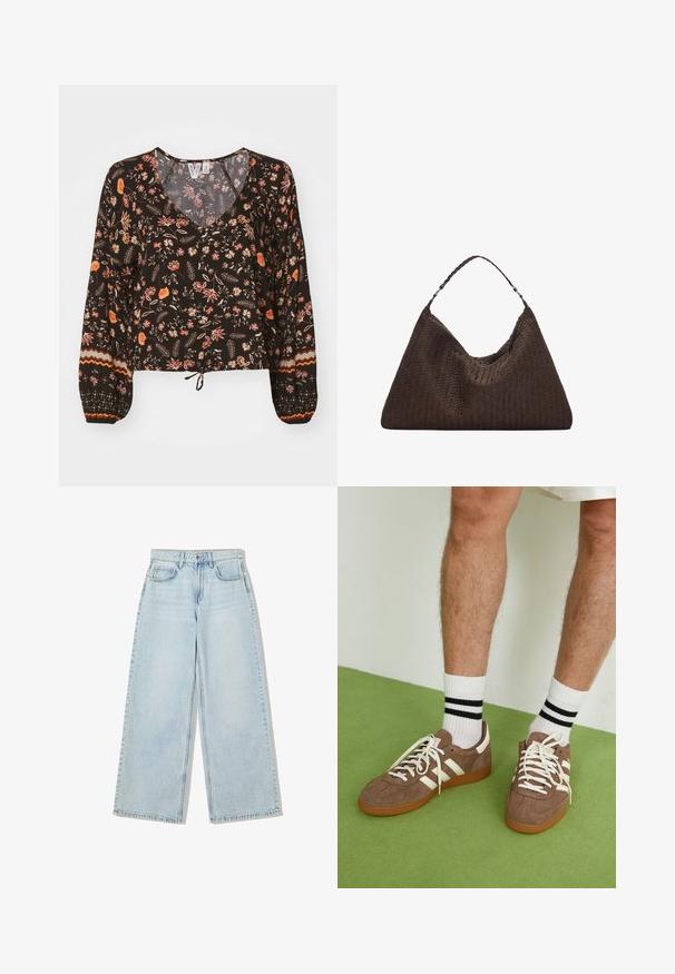 Bluză neagră cu flori, cu decolteu în v, mâneci lungi voluminase și manșete gatherate. Prezintă modele colorate și un tiv legat pentru un aspect cropped.; Jeans largi de culoare albastră deschisă, confecționați din denim, cu talie înaltă, design cu cinci buzunare și cusături vizibile pe margelele pantalonului.; Adidași maro din suede cu accente și șireturi albe. Talpă din cauciuc de culoare caramel. Purtați cu șosete albe cu dungi negre. Pardoseală verde texturată.; Geantă din piele împletită, de culoare maro, cu o formă triangulară, lejeră. Are un mâner împletit și închidere cu fermoar pe partea superioară.