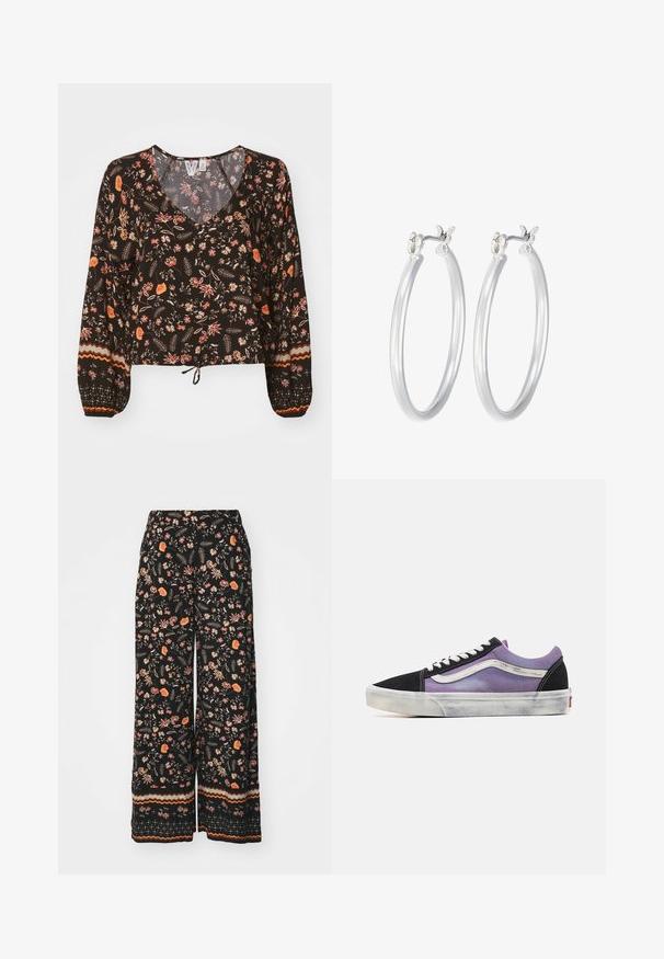 Blouse noire à fleurs avec un décolleté en V, des manches longues et volumineuses, et des poignets froncés. Présente des motifs colorés et un ourlet noué pour un look court.; Un pantalon large noir à motifs floraux présente un motif coloré de fleurs et de feuilles. L'ourlet a un design rayé en orange, marron et crème.; Vans OLD SKOOL UNISEX - Baskets basses - wave washed purple; Boucles d'oreilles en argent avec une finition lisse et polie. Forme ronde et fermeture à clip sécurisée. Design léger adapté pour un port quotidien.
