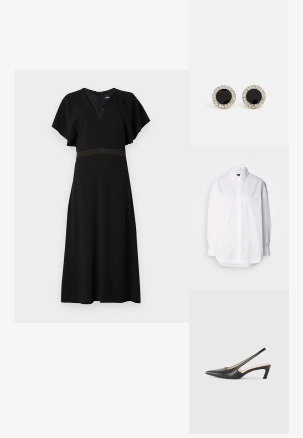 Fehér, hosszú ujjú ing, pamutból készült, gombos gallérral, elöl gombokkal, és laza szabással, finom varrási részletekkel.; Fekete ruha V-nyakkivágással, rövid fodros ujjal és kontrasztos vízszintes csíkkal a deréknál. Simára eső anyagból készült.; Fekete, hegyes orrú, slingback cipő alacsony sarkával, sima bőrből készült, oldalt kivágott deisgnal a légáteresztőképesség érdekében.; Fekete bőr válltáska sima textúrával, ívelt szilüettel és arany színű fém díszítéssel. Az alján bemart márkalogó található.; DKNY INLAY STUD - Fülbevalók - black/gold-coloured