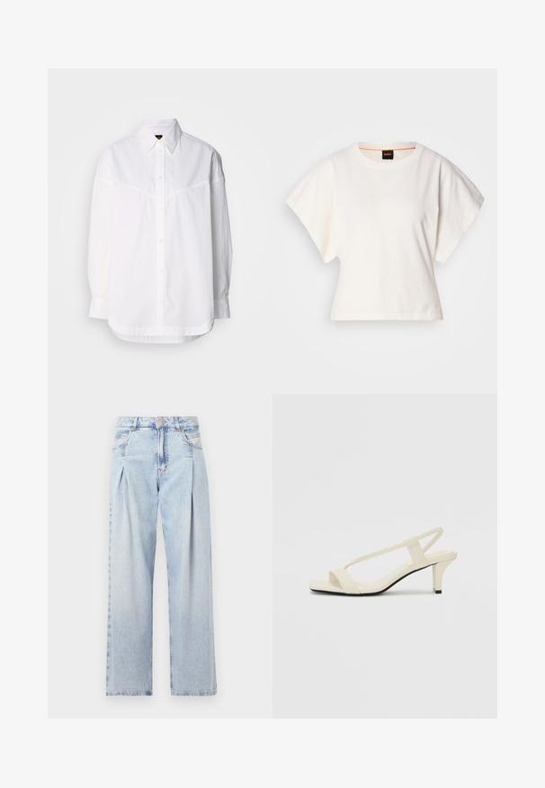 Fehér, hosszú ujjú ing, pamutból készült, gombos gallérral, elöl gombokkal, és laza szabással, finom varrási részletekkel.; Fehér, rövid, bő ujjú, crop szabású póló, puha pamut anyagból, kerek nyakkivágással, finom narancssárga díszítéssel, minimalista dizájn, minta vagy grafika nélkül.; Világoskék farmernadrág magas derekú, bő szabású, két oldalsó zsebbel és pliszírozott dizájnnal. Puha tapintású, elhalványított felület.; Beige színű, blokksarkú szandálok vékony pántokkal és négyzet alakú orral. Simább anyag, minimális részletezéssel, amely könnyű viselésre lett tervezve.