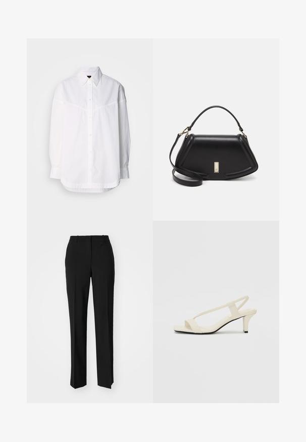 White long-sleeve shirt made from cotton, featuring a button-down collar, front buttons, and a relaxed fit with subtle stitching details.; Black tailored trousers with a straight-leg design, featuring a smooth texture and crisp creases along the front. No visible hardware.; Beige block-heeled sandals with thin straps and a square toe. Smooth material with minimal detailing, designed for easy wear.; Black leather handbag with a structured design, featuring a cropped shape, top handle, and gold hardware accent. Adjustable shoulder strap included.