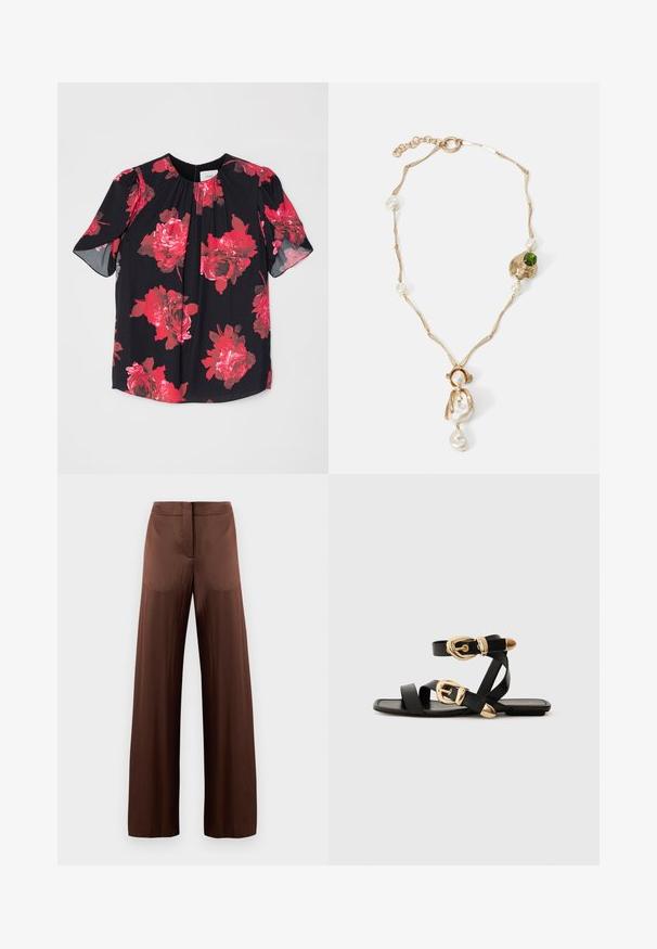 Blusa nera floreale con grandi rose rosse, maniche corte e un sottile dettaglio plissettato al collo. Realizzata in un tessuto leggero.; Pantaloni larghi marroni realizzati in tessuto liscio e leggero, con frontale piatto, senza tasche e dalla silhouette dritta.; Sandali neri in pelle con dettagli in oro, caratterizzati da più cinghie e una suola piatta per un design open-toe.; Collana dorata con maglie attorcigliate, perle bianche e un accento di pietra verde. Presenta dettagli intricati e una chiusura per l'aggancio.