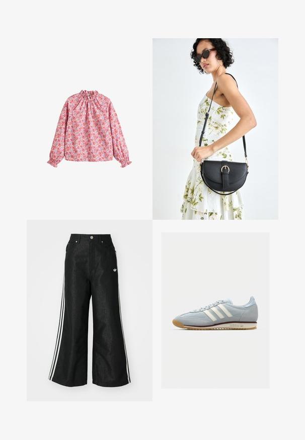 Blumige Bluse mit gerafftem Ausschnitt und Bündchen, auf einem rosa Hintergrund mit roten und lila Blumen, aus leichtem Stoff gefertigt.; Schwarze, weit geschnittene Jeans mit drei weißen Streifen an jeder Seite und einem kleinen weißen Logo. Mit vorderen Taschen und einem Knopfverschluss.; Hellblaue Wildledersneaker mit weißen drei Streifen, Gummisohle und strukturiertem Mesh. Verfügt über eine glatte Zehenkappe und Branding an der Ferse.; Schwarze Lederhandtasche mit geschwungener Form, abnehmbarem Tragegurt und goldenen Beschlägen. Die Tasche verfügt über einen Deckel mit einer Schnallen-Details.