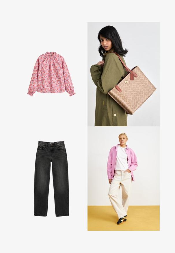 Virágmintás blúz, összefogott nyakkal és mandzsettákkal, rózsaszín háttérrel, piros és lila virágokkal, könnyű anyagból készült.; Fekete farmernadrág laza szabással, egyenes szárakkal, öt zsebes dizájnnal és enyhén elhalványult textúrával. Elöl gombos és cipzáras záródás.; Rózsaszín bordás ing egy fehér t-shirt felett, bézs széles szárú nadrággal és fekete, sárga csíkos cipővel párosítva. Sárga háttér előtt.; Barna mintás válltáska bőrpántokkal és fogantyúkkal. A táska cipzárral záródik, és egy zöld dzsekin van viselve.