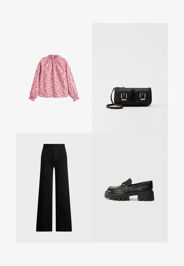 Květinová blůza se shromážděným výstřihem a manžetami, s růžovým pozadím a červenými a fialovými květinami, vyrobená z lehkého materiálu.; Černé široké kalhoty z tkané látky s vysokým pasem, předním zapínáním na knoflíky a bočními kapsami. Hladký povrch s čistými liniemi.; Černé kožené mokasíny s robustní podešví, které mají zlatý akcent na přední části a hladký povrch. Robustní vzor protiskluzu na podešvi.; Černá kožená crossbody taška se dvěma předními kapsami, zlatými přezkami, zipovým uzávěrem a štíhlým popruhem. Texturovaný povrch a kompaktní obdélníkový tvar.