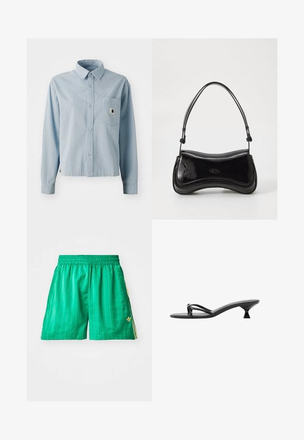 Lichtblauwe, lange mouw, button-up shirt met een gestructureerd patroon, een borstzak en een merklabel op de zak. Gemaakt van geweven stof.; Groene sportshorts met witte verticale strepen, elastische tailleband en gele zijkanten. Bevat een klein gouden logo aan de onderzijde links.; Zwarte hoge hakken sandalen met een elegant ontwerp, dunne bandjes en een unieke driehoekige hak. Glad textuur met een minimalistische uitstraling.; Zwarte laarzen van patentleer met een gebogen vorm, een enkele handgreep en een ronde bodem. Beschikt over een subtiele logodetail aan de voorkant.