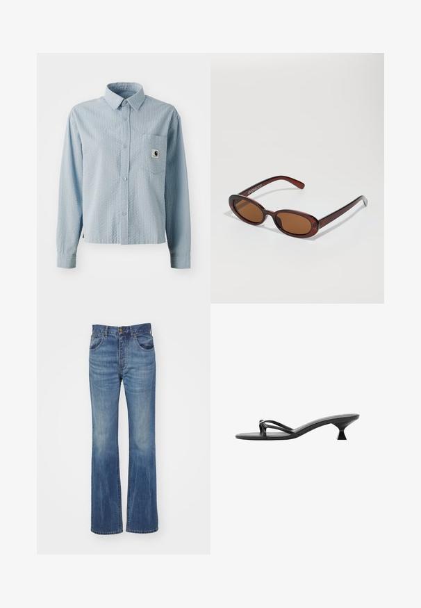 Camicia azzurra chiara con maniche lunghe e bottoni, dotata di un motivo testurizzato, taschino sul petto e un'etichetta con marchio sulla tasca. Realizzata in tessuto lavorato.; Jeans in denim blu a zampa d'elefante con lavaggio medio, caratterizzati da una vita alta, passanti per cintura e tasche anteriori. Texture liscia con minimale usura.; Sandali neri con tacco caratterizzati da un design elegante, cinturini sottili e un tacco triangolare unico. Texture liscia con un aspetto minimalista.; Occhiali da sole rotondi con tonalità marrone, montatura lucida color bordeaux. Aste sottili con un sottile dettaglio del marchio. Design delle lenti piatte.