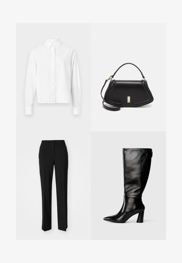 Camisa blanca de botones hecha de tela ligera. Presenta mangas largas, un cuello clásico y sutiles rayas verticales. Diseño recortado.; Pantalones negros ajustados con un diseño de pierna recta, que presentan una textura suave y pliegues nítidos en el frente. Sin herrajes visibles.; Bota de cuero negro hasta la rodilla con punta afilada, textura suave y un tacón grueso. Presenta un detalle de cremallera en la parte de atrás.; Bolso de mano de cuero negro con un diseño estructurado, que presenta una forma recortada, asa superior y acentos en dorado. Correa de hombro ajustable incluida.