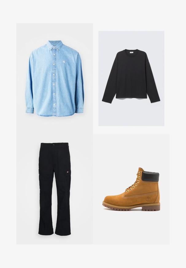 Lys blå denim skjorte med knapper og lange ermer, spiss krage og en liten logo på venstre bryst. Har en avslappet passform og klassisk design.; Svart langermet genser med rund hals, løs passform, rett kant og minimale sømdetaljer. Myk tekstur og lett materiale.; Svarte cargo bukser med rett ben-design, laget av slitesterk stoff, med sidelommer og et patch-logo på venstre side.; Beige semskede ankelstøvel med svart polstret krage, gullmetalløyer, hvite sømdetaljer og robust gummisåle med påfallende mønster.