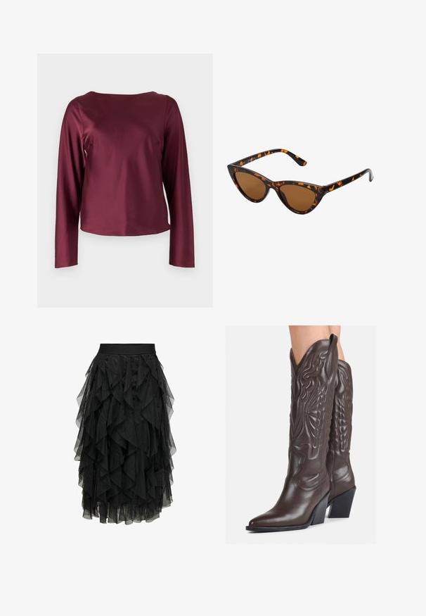 Burgundska dolga majica z dolgimi rokavi in okroglim izrezom. Gladek, sijoč material s pravimi stranicami in rahlo skrajšanim robom. Brez vidnih vzorcev ali podrobnosti.; Črna midi krila iz plastičnega tila z naborkami. Ima elastico v pasu. Prozoren material dodaja teksturo in gibanje.; Rjave usnjene kavbojske čevlje z ostrim nosom in blok peto, ki vsebujejo podrobno šivanje in dvignjene dodatke na zgornjem delu.; Mačje oči sončna očala z okvirom v črno-oranžni želvej ohišji, rjavimi lečami in elegantnimi, ostrimi konicami. Imajo minimalistični logo na ročaju.; Mala kremna torbica z teksturiranim zaključkom, dolgim nastavljivim trakom, verižnim poudarkom in zapiranjem na poklop. Detajli iz zlatega kovinskega materiala.