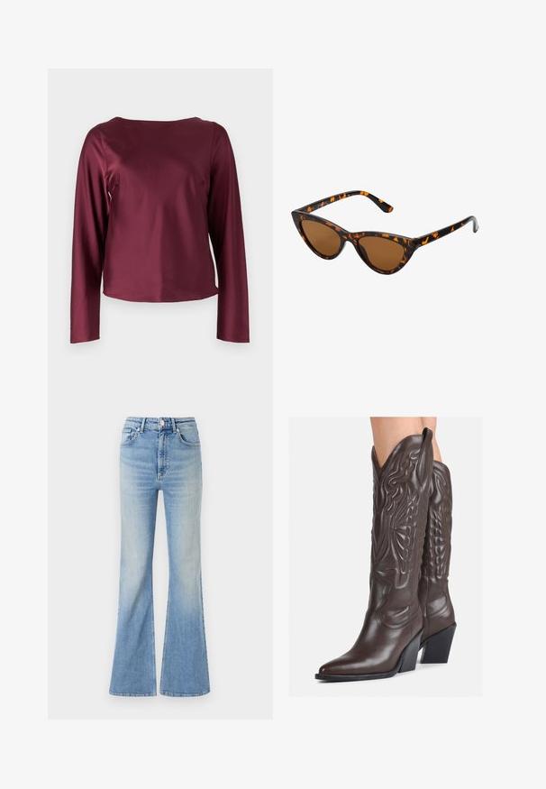 Burgundia värvi pikkade varrukatega top, millel on ümmargune kaelus. Sile, läikiv kangas sirgete külgedega ja veidi lühihemiga. Pole nähtavaid mustreid ega detaile.; Heledad sinine flared teksapüksid, millel on kõrge vöökoht, viie tasku disain ja peen gradiseeruv hägusus alates hemist.; Pruunid nahast cowboy saapad terava varbaga ja plokk-kandaga, millel on detailne tikand ja kergelt tõstetud aktsendid varrel.; Kassi vormiga prillid musta ja oranži kilpkonnakujulise raami, pruunide läätsede ja elegantsete teravate otstega. Templi juures on minimaalne logo.