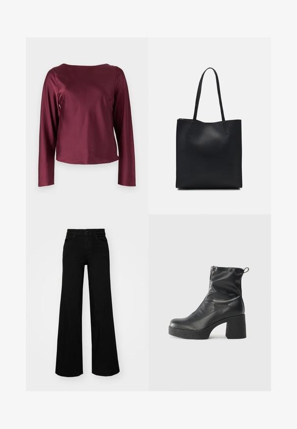 Bordeaux dlhý rukáv s okrúhlym výstrihom. Hladká, lesklá tkanina so rovnými stranami a mierne skráteným lemom. Žiadne viditeľné vzory ani detaily.; Čierne široké nohavice z denimu s pevným pásom, pútkami na opasok a prednými vreckami. Hladká štruktúra s klasickým dizajnom.; Čierne členkové topánky z hladkej kože, so bočným zipsom, robustnou textúrovanou pätnou časťou a zaobleným dizajnom špičky.; Čierna kožená taška na rameno s hladkým povrchom, obdĺžnikovým tvarom a dvoma dlhými uchami. Bez viditeľného kovania alebo ozdôb.