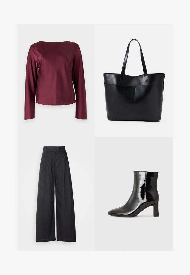 Top lungo bordeaux a maniche lunghe con scollatura rotonda. Tessuto liscio e lucido con fianchi diritti e un orlo leggermente accorciato. Nessun motivo o dettaglio visibile.; Pantaloni a gamba larga scuri con vita strutturata e pieghe. Realizzati in tessuto leggero, presentano una texture liscia e senza motivi visibili.; Stivaletto in pelle verniciata nera con punta a punta e tacco a blocco di altezza media. Texture liscia e design minimalista.; Borsa a tracolla in pelle nera con due manici lunghi, una texture liscia e una forma strutturata. Presenta una tasca frontale per ulteriore spazio di archiviazione.