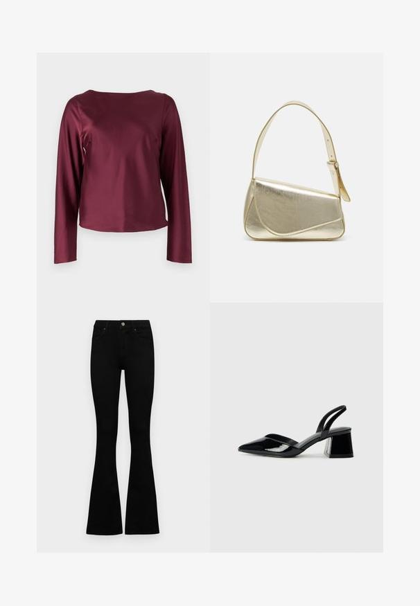 Burgundy long-sleeve top with a round neckline. Smooth, shiny fabric with straight sides and a slightly cropped hem. No visible patterns or details.; Black high-waist jeans with a button and zip closure, front pockets, and flared legs laid flat on a white background.; Black patent leather slingback heels with a pointed toe and a geometric block heel. Features a sleek, minimal design and smooth texture.; Gold metallic handbag with a structured design, smooth texture, and adjustable strap. Features a unique triangular shape and minimalist stitching.