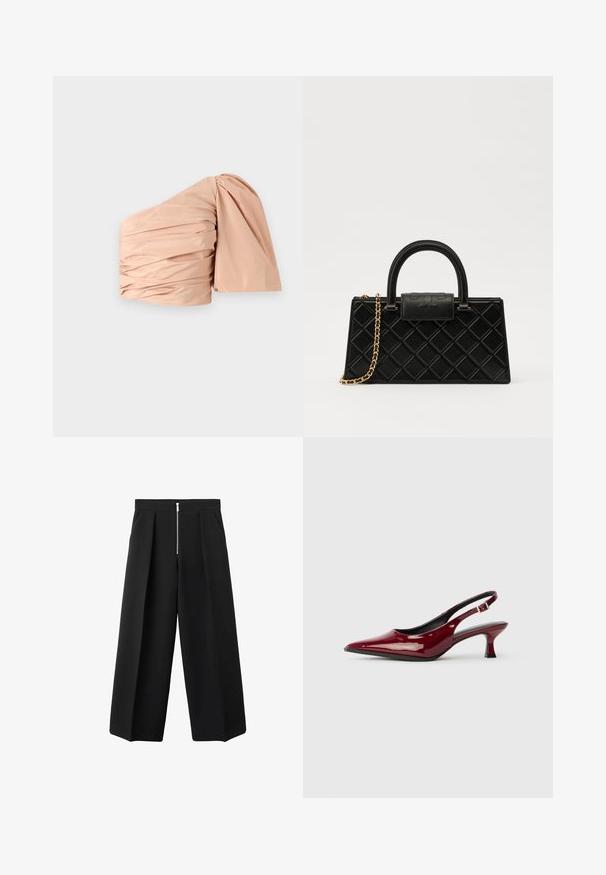 Top v broskvoej farbe s jedným ramienkom a riasením. Mäkkučký, hladký materiál so štruktúrovaným balónovým rukávom. Minimalistický dizajn, bez vzorov.; Čierne široké nohavice s prednými záhybmi a viditeľným strieborným zipsom na páse, rovný predok a bočné vrecká.; Burgundské patentované kožené slingback podpätky s špicatou špičkou a elegantným stiletto podpätkom. Dizajn s otvorenou zadnou časťou s nastaviteľným detailom na členkovom remienku.; Čierna kabelka vyrobená z textúrovanej kože, s diamantovým vzorom, zlatohnedým reťazovým popruhom a hornou rukoväťou s klopou so zlateným logom.