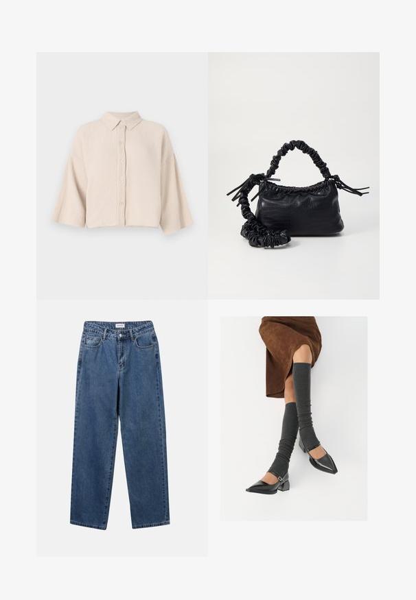 Camisa de manga curta, abotoada, em tecido bege claro e amassado. Apresenta um colarinho pontudo e mangas largas e soltas para um caimento descontraído.; Jeans de denim azul clássicos com um design de perna reta, cinco bolsos e fecho de botão. Apresenta um tratamento médio e uma textura resistente.; Sapatos pretos de pele lacada com biqueira pontuda, salto bloco e tiras no tornozelo, combinados com caneleiras cinzas em malha e uma saia de camurça castanha.; Bolsa de mão em couro sintético preto com textura de crocodilo, topo franzido e alça enrugada. Apresenta um design suave e compacto.