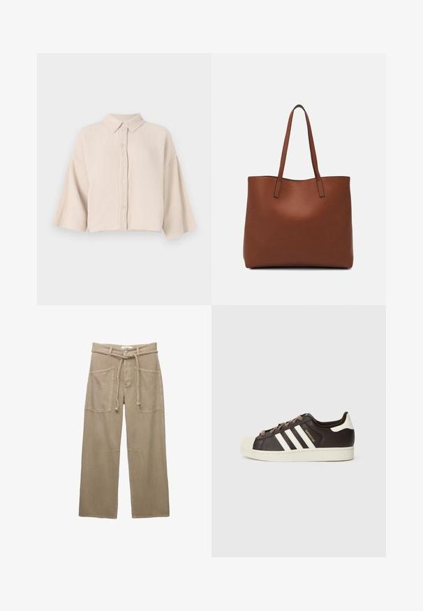 Rövidujjú, gombos ing világos bézs, gyűrött anyagból. Hegyes gallérral és laza, széles ujjakkal rendelkezik a kényelmes viselet érdekében.; Beige, széles szárú nadrág tartós anyagból, nagy elülső zsebekkel, fonott övvel és finom varrási részletekkel.; Sötétbarna bőr alacsony szárú Adidas Superstar sportcipő krémszínű kagyló orral, fehér csíkokkal és "Superstar" felirattal az oldalon.; Barna bőr vászontáska sima textúrával, nyitott tetejű dizájnnal és két vállpánttal. Minimális varrással és látható hardver nélkül készült.