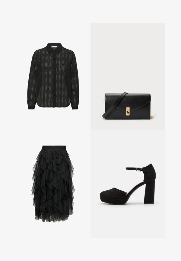Czarna koszula z guzikami, wykonana z przezroczystego materiału, z wzorem w diamenty i z klapami kołnierza. Długie rękawy z mankietami na guziki.; Czarna midi spódnica z warstwowego tiulu o falbaniastym wzorze. Posiada elastyczny pas. Przezroczysty materiał dodaje faktury i ruchu.; Czarne zamszowe szpilki na platformie z grubym słupkowym obcasem, zaokrąglonym noskiem i paskiem wokół kostki zabezpieczonym metalowym klamrem. Gładka faktura na całej powierzchni.; Czarny skórzany portfel z klapą, złotą okuciami, z akcentem logo. Zawiera odpinany pasek do noszenia.