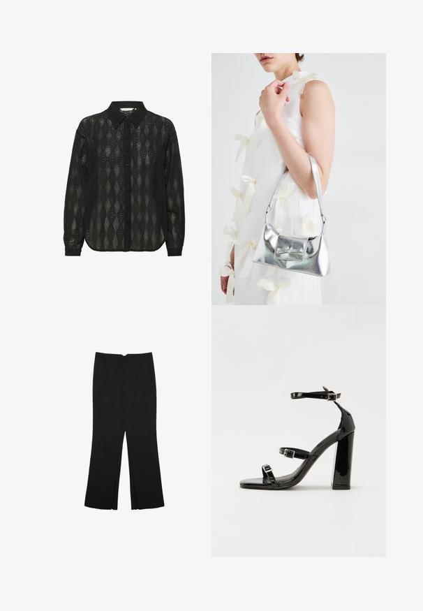 Black button-up shirt made of sheer fabric featuring a diamond pattern and a pointed collar. Long sleeves with buttoned cuffs.; Black trousers with a straight fit, featuring front pockets and side slits at the hem. Made of soft, smooth fabric. Suitable for various occasions.; Black patent heeled sandals with a square toe, ankle straps, and silver buckles. Features a chunky block heel for stability.; Silver metallic handbag with a structured shape, featuring a top handle and bow detail on the front. Smooth texture, reflective finish.